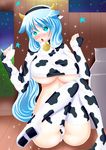  blue-eyes blue_hair breasts cow_bell cow_ears cow_girl cow_horns cow_print cow_tail haarmades huge_breasts original star-shaped_pupils symbol-shaped_pupils 