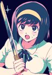  akiyamabc bow bowtie brown_hair devilman makimura_miki open_mouth saw_blade school_uniform short_hair solo sweatdrop upper_body weapon 