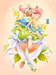  breasts bug butterfly choker cleavage dress drill_hair full_body highres holding insect leg_up long_hair looking_at_viewer medium_breasts original pink_hair solo soo_kyung_oh spring_(season) yellow_eyes 