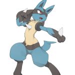  2019 ambiguous_gender anthro black_fur blue_fur featureless_crotch fighting_pose fur lucario nintendo nude pok&eacute;mon pok&eacute;mon_(species) red_eyes simple_background solo spikes standing video_games white_background yellow_fur youjomodoki 