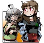  ? ahoge ayame_(0419) bags_under_eyes brown_hair eyebrows eyebrows_visible_through_hair grey_eyes grey_hair hood hoodie hoshi_shouko idolmaster idolmaster_cinderella_girls kamiya_nao looking_back multiple_girls mushroom pants red_eyes shirt skirt t-shirt thick_eyebrows 