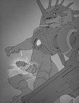  anthro balls cybernetics cyborg digimon disembodied_hand duo electricity erection forge_(artist) greyscale hi_res humanoid_penis machine male monochrome nude open_mouth penis penis_grab pixelated retracted_foreskin rizegreymon scalie sharp_teeth solo_focus teeth uncut 
