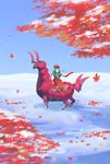  autumn_leaves blue_sky bow crossover day dress front_ponytail gen_5_pokemon green_eyes green_hair hair_bow hair_ribbon kagiyama_hina leaf maple_leaf nin_(female) pokemon pokemon_(creature) red_bow red_dress red_ribbon ribbon riding scolipede sidesaddle sky snow touhou tree yellow_sclera 