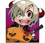  ayame_(0419) blonde_hair blood blood_on_face earrings fangs hair_over_one_eye halloween hood hood_down hoodie horns idolmaster idolmaster_cinderella_girls jack-o'-lantern jewelry knife looking_at_viewer open_mouth pumpkin red_eyes shirasaka_koume short_hair sleeves_past_wrists solo stabbed stud_earrings 