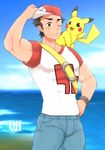  hat male_focus muscle ocean outdoors pikachu pokemon pokemon_(game) pokemon_sm red_(pokemon) red_(pokemon)_(sm) sky 