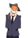  2016 alpha_channel brown_hair clothing facial_hair frown fur goatee hair hands_behind_back jacket looking_at_viewer male mammal mature_male multicolored_fur necktie oleander_(repeat) orange_fur pants ponytail red_panda repeat_(visual_novel) shirokoi shirt simple_background solo squint transparent_background two_tone_fur white_fur 