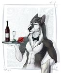  abs alcohol anthro beverage bow_tie canine fur hair looking_at_viewer male mammal nude solo unistaart wine 