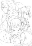  ahoge bangs commentary double_bun elbow_gloves forehead_protector gloves greyscale highres jintsuu_(kantai_collection) kantai_collection long_hair looking_at_viewer monochrome multiple_girls naka_(kantai_collection) necktie niwatazumi one_eye_closed parted_bangs scarf school_uniform sendai_(kantai_collection) serafuku shirt short_hair short_sleeves sketch sleeveless sleeveless_shirt smile two_side_up upper_body white_background 