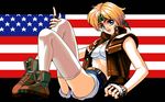  :d ahoge america american_flag bandaid bandaid_on_nose belt blonde_hair blue_eyes boots bra brass_knuckles breasts brown_footwear brown_gloves brown_vest bustier buttons camouflage clenched_hand emily_barnet eyebrows fingerless_gloves flag_background fujisan_goushi full_body game_cg gloves headband index_finger_raised knees_up looking_at_viewer midriff open_clothes open_mouth open_vest pc98 short_hair short_shorts shorts sitting small_breasts smile solo star the_queen_of_duellist thighhighs thighs underwear vest weapon white_bra white_legwear 