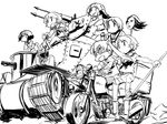  commentary crop_top girls_und_panzer goggles greyscale ground_vehicle harpoon m3_lee mad_max maruyama_saki midriff military military_vehicle monochrome motor_vehicle motorcycle multiple_girls ooarai_school_uniform oono_aya sakaguchi_karina sawa_azusa sketch takanaga_kouhei tank utsugi_yuuki yamagou_ayumi 