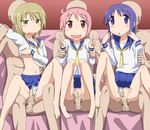  3boys 3girls barefoot blonde_hair blue_eyes blue_hair blush breasts cum cum_in_pussy hinata_yukari ichii_yui large_breasts multiple_boys multiple_girls nonohara_yuzuko panties panties_aside penis pink_hair pussy red_eyes school_uniform sex skirt small_breasts underwear upskirt v yellow_eyes yuyushiki 