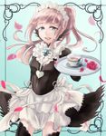  apron aqua_background blue_eyes cup felicia_(fire_emblem_if) fire_emblem fire_emblem_if flower haru_(nakajou-28) highres long_hair maid_apron maid_headdress open_mouth petals pink_hair ponytail rose simple_background solo teacup teeth 