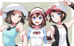  3girls alternate_hair_length alternate_hairstyle arm_hug armpits baseball_cap blue_(pokemon) blue_eyes brown_hair creatures_(company) game_freak hand_holding hat interlocked_fingers long_hair looking_at_viewer mei_(pokemon) miu_(miuuu_721) multiple_girls nintendo open_mouth parted_lips pokemon pokemon_(game) pokemon_bw pokemon_bw2 pokemon_frlg scissors shirt short_hair short_twintails sleeveless smile sun_hat tank_top touko_(pokemon) twintails v very_long_hair visor_cap wristband 