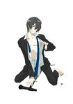  bangs barefoot blue_neckwear brown_eyes come_hither formal full_body glasses hair_over_one_eye highres hiyama_kiyoteru jacket kneeling licking_lips male_focus microphone mouri naughty_face necktie open_clothes open_jacket open_shirt pale_skin shirt signature simple_background solo suit swept_bangs tongue tongue_out undone_necktie vocaloid white_background 
