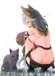  aki_(akikaze_asparagus) animal animal_ears back breasts cat cat_ears closed_eyes erune granblue_fantasy highres medium_breasts open_mouth sen_(granblue_fantasy) sideboob solo squatting 