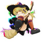  ass blonde_hair bow braid broom broom_riding eyebrows eyebrows_visible_through_hair full_body hair_bow hat highres kirisame_marisa kneehighs looking_at_viewer mary_janes nanostar no_panties orange_legwear shoes single_braid socks solo striped striped_legwear thick_eyebrows touhou transparent_background upskirt witch_hat yellow_eyes 