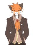  2016 ^_^ alpha_channel brown_fur clothing eyes_closed fur grin hands_in_pockets jacket looking_at_viewer male mammal multicolored_fur napkin orange_fur owen_(repeat) pants purple_eyes red_panda repeat_(visual_novel) ruby_(disambiguation) scarf shirokoi shirt simple_background smile solo transparent_background white_fur 