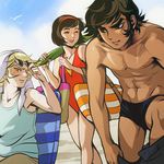  2boys artist_request asuka_ryou black_eyes black_hair blonde_hair blue_eyes blush brown_hair closed_eyes closed_umbrella devilman eyebrows eyewear_on_head fudou_akira hairband lowres makimura_miki male_swimwear multiple_boys one-piece_swimsuit red_swimsuit short_hair sideburns smile sunglasses swim_trunks swimsuit swimwear umbrella undressing 