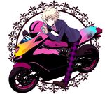  blonde_hair ground_vehicle headwear_removed helmet helmet_removed looking_at_viewer male_focus motor_vehicle motorcycle mouri necktie pink_neckwear riding solo vocaloid yuu_(vocaloid) zola_project 