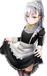  alternate_costume apron bangs closers enmaided frills garter_straps highres long_hair looking_at_viewer maid maid_headdress ponytail red_eyes ribbon silver_hair skirt skirt_hold smile solo sweatdrop testame thighhighs tina_(closers) waist_apron yellow_ribbon 