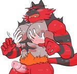  abs anthro blush colored erection feline grope incineroar male male/male mammal muscular nintendo pecs penis pok&eacute;mon simple_background tiger ujishiyo video_games white_background 