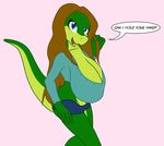  anthro big_breasts blue_eyes breasts brown_hair cleavage clothed clothing female hair huge_breasts lizard reptile samantha_brooks sarcolopter scalie simple_background solo speech_bubble walking 