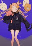  1girl abigail_williams_(fate/grand_order) bangs bare_legs black_bow black_jacket blonde_hair blush bow bunny closed_mouth eyes_closed facial_mark facing_viewer fate/grand_order fate_(series) feet_out_of_frame floating_hair forehead_mark fou_(fate/grand_order) ghost hair_bow heroic_spirit_traveling_outfit highres jacket long_hair long_sleeves medjed orange_bow parted_bangs purple_background rosette_(yankaixuan) sleeves_past_fingers sleeves_past_wrists solo stuffed_animal stuffed_toy teddy_bear 