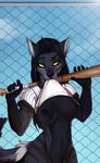  anthro areola baseball_bat breasts canine clothed clothing female flashing looking_at_viewer mammal nipples solo unistaart 