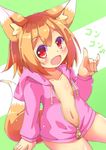  :d animal_ears blonde_hair fang fox_ears fox_shadow_puppet fox_tail highres hood hoodie kt_cano naked_hoodie open_mouth original red_eyes short_hair smile tail 