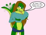  anthro big_breasts blue_eyes blush breasts brown_hair cleavage clothed clothing female hair huge_breasts lizard reptile samantha_brooks sarcolopter scalie simple_background solo speech_bubble standing 
