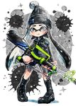  beanie bike_shorts black_eyes black_footwear black_hair black_legwear black_shorts blush closed_mouth domino_mask full_body harutarou_(orion_3boshi) hat hero_charger_(splatoon) holding holding_weapon inkling long_hair long_sleeves looking_at_viewer mask neckerchief paint_splatter pointy_ears sailor_collar shirt shoes shorts socks solo splatoon_(series) splatoon_1 standing tentacle_hair weapon 