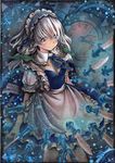  acrylic_paint_(medium) apron blush border bow clock colored_pencil_(medium) dated hair_bow izayoi_sakuya knife light_particles long_hair looking_at_viewer maid maid_headdress mosho neck_ribbon nib_pen_(medium) ribbon signature silver_eyes silver_hair smile solo touhou traditional_media 