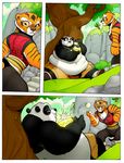  2016 anthro bear belly big_belly clothed clothing comic dreamworks duo eating feline female food fur kung_fu_panda male mammal master_tigress obese outside overweight panda po rabid stripes tiger tree weight_gain 