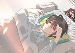  alarm_clock bangs black_hair clock eyewear_removed futon glasses grey_eyes highres hiyama_kiyoteru lips male_focus mouri parted_lips pillow sick signature solo swept_bangs thermometer tissue under_covers vocaloid 