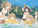  5girls :d ;d ^_^ ahoge bikini braid breasts brown_hair casual_one-piece_swimsuit character_name child closed_eyes condensation_trail day dutch_angle expressionless eyebrows fishing fishing_rod frilled_bikini frilled_swimsuit frills green_eyes hair_ornament hair_scrunchie halterneck hand_on_headwear hand_on_own_head hat hata_kousaku highres holding inflatable_armbands innertube jumping kinoshita_ringo_(no-rin) kippu large_breasts leaning_forward long_hair multiple_girls nakazawa_akina nakazawa_minori nakazawa_takumi nakazawa_tsukasa navel necktie no-rin official_art one-piece_swimsuit one_eye_closed open_mouth outdoors pink_eyes polka_dot polka_dot_bikini river scrunchie short_hair siblings sisters smile striped striped_scrunchie striped_swimsuit sun_hat swimsuit thick_eyebrows v-shaped_eyebrows wading wakadanna_(no-rin) water 