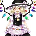  apron apron_basket apron_lift blonde_hair blood blood_from_mouth box candy candy_cane collarbone cosplay cowboy_shot cravat eyebrows eyebrows_visible_through_hair eyelashes fangs flandre_scarlet food gift gift_box hair_ribbon hat hat_ribbon kirisame_marisa kirisame_marisa_(cosplay) looking_at_viewer open_mouth piyodesu puffy_short_sleeves puffy_sleeves red_eyes ribbon short_hair short_sleeves side_ponytail simple_background skirt skirt_basket skirt_set slit_pupils solo touhou white_background wings witch_hat 