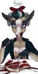  anthro blood caprine clothed clothing female food fur goat hair horn looking_at_viewer mammal open_mouth solo unistaart 
