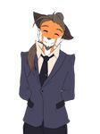  2016 ^_^ alpha_channel brown_hair clothing eyes_closed facial_hair fur goatee hair hands_behind_back jacket looking_at_viewer male mammal mature_male multicolored_fur necktie oleander_(repeat) orange_fur pants ponytail red_panda repeat_(visual_novel) shirokoi shirt simple_background smile solo transparent_background two_tone_fur white_fur 