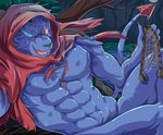  2015 5_fingers abs anthro biceps big_muscles black_nose blue_claws blue_eyes blue_fur blue_pubes bola cheek_tuft chest_tuft claws clothed clothing colored detailed_background digital_drawing_(artwork) digital_media_(artwork) empty_eyes fangs feline forest fur grass grin heterochromia holding_object holding_weapon hood humanoid_hands league_of_legends leg_tuft light lion long_tail looking_at_viewer male mammal manly mayar mostly_nude muscular muscular_male night open_mouth open_smile orange_eyes outside pecs pinup portrait pose quads ranged_weapon reclining red_clothing rengar_(lol) riot_games shaded sharp_teeth side_view sitting skimpy smile snout solo spots spotted_fur teeth three-quarter_portrait toony tree tuft video_games weapon 