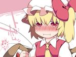  :i :t angry ascot blonde_hair blush breast_conscious clenched_hand commentary explosion flandre_scarlet flat_chest full-face_blush hammer_(sunset_beach) hat mob_cap pout red_eyes short_hair side_ponytail solo symbol_ricochet tears touhou translated vest wings 