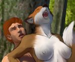  2016 anthro breasts brown_fur canine duo eyes_closed female fox fur hair hattonslayden human human_on_anthro interspecies male male/female mammal nipples nude open_mouth outside red_hair suggestive teeth tree white_fur 