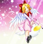  :d aka_tawashi black_footwear black_vest blonde_hair blush bobby_socks bow bowtie commentary_request dress_shirt feathered_wings feathers full_body gengetsu hair_bow hair_intakes highres long_sleeves looking_at_viewer open_clothes open_mouth open_vest pink_legwear pink_shirt pink_skirt puffy_long_sleeves puffy_sleeves red_bow red_neckwear riding shirt shoes short_hair skirt skirt_set smile socks solo touhou touhou_(pc-98) v_arms vest white_wings wings yellow_eyes 