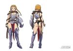  1girl absurdres armor ass blonde_hair blue_eyes braid breasts buckle cleavage hairband highres hisayuki_hirokazu leina queen&#039;s_blade shield sword twin_braids weapon 