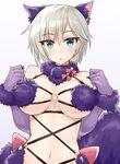  anastasia_(idolmaster) animal_ears bangs bare_shoulders blue_eyes blush breasts clenched_hands cosplay dangerous_beast elbow_gloves fate/grand_order fate_(series) fur fur_trim gloves halloween_costume idolmaster idolmaster_cinderella_girls looking_at_viewer mash_kyrielight mash_kyrielight_(cosplay) medium_breasts navel o-ring o-ring_top parted_lips purple_gloves short_hair shunichi silver_hair solo stomach triangle_mouth underboob upper_body wolf_ears 