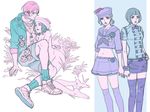  bow bowtie breasts closed_eyes crop_top dixie_cup_hat genderswap genderswap_(ftm) genderswap_(mtf) grass green_hair green_lipstick hand_on_hip hat higashikata_joushuu higashikata_jousuke_(jojolion) hirose_yasuho jacket jojo_no_kimyou_na_bouken jojolion kneehighs lipstick makeup midriff military_hat miniskirt navel nude pink_hair reammara sailor_collar shoes sitting skirt small_breasts sneakers socks thighhighs tooth_gap wrist_cuffs zettai_ryouiki 