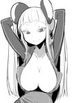 arms_behind_head breasts cleavage dress electro_emilia greyscale headgear ken_(koala) large_breasts long_hair looking_at_viewer monochrome original short_dress simple_background skin_tight smile solo white_background 