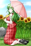  aka_tawashi ascot black_footwear blush bobby_socks breasts closed_mouth commentary_request day field flower flower_field frills from_side full_body garden_of_the_sun green_eyes green_hair highres holding holding_umbrella kazami_yuuka kazami_yuuka_(pc-98) kneeling long_hair looking_at_viewer looking_to_the_side mary_janes medium_breasts open_clothes open_vest pants parasol plaid plaid_pants plaid_vest shoes socks solo sunflower touhou touhou_(pc-98) umbrella unmoving_pattern vest white_legwear 
