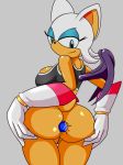  anthro bat bottomless breasts butt butt_grab buttplug clothed clothing eyeshadow female gem gloves hair half-closed_eyes hand_on_butt looking_at_viewer makeup mammal pussy rear_view rouge_the_bat ryujisama series:sonic sex_toy shirt solo sonic_(series) tank_top video_games white_hair wings 