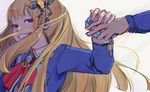  bangs blonde_hair blue_jacket cagliostro_(granblue_fantasy) collared_shirt first_forest floating_hair granblue_fantasy grin hair_ornament holding_hands jacket long_hair long_sleeves looking_at_another looking_to_the_side out_of_frame purple_eyes school_uniform shirt simple_background smile solo_focus teeth white_background 