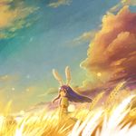  animal_ears blue_hair bunny_ears cloud dress from_behind grass green_eyes highres kanon kawasumi_mai long_hair looking_back nabana scenery sky solo standing wheat_field white_dress 